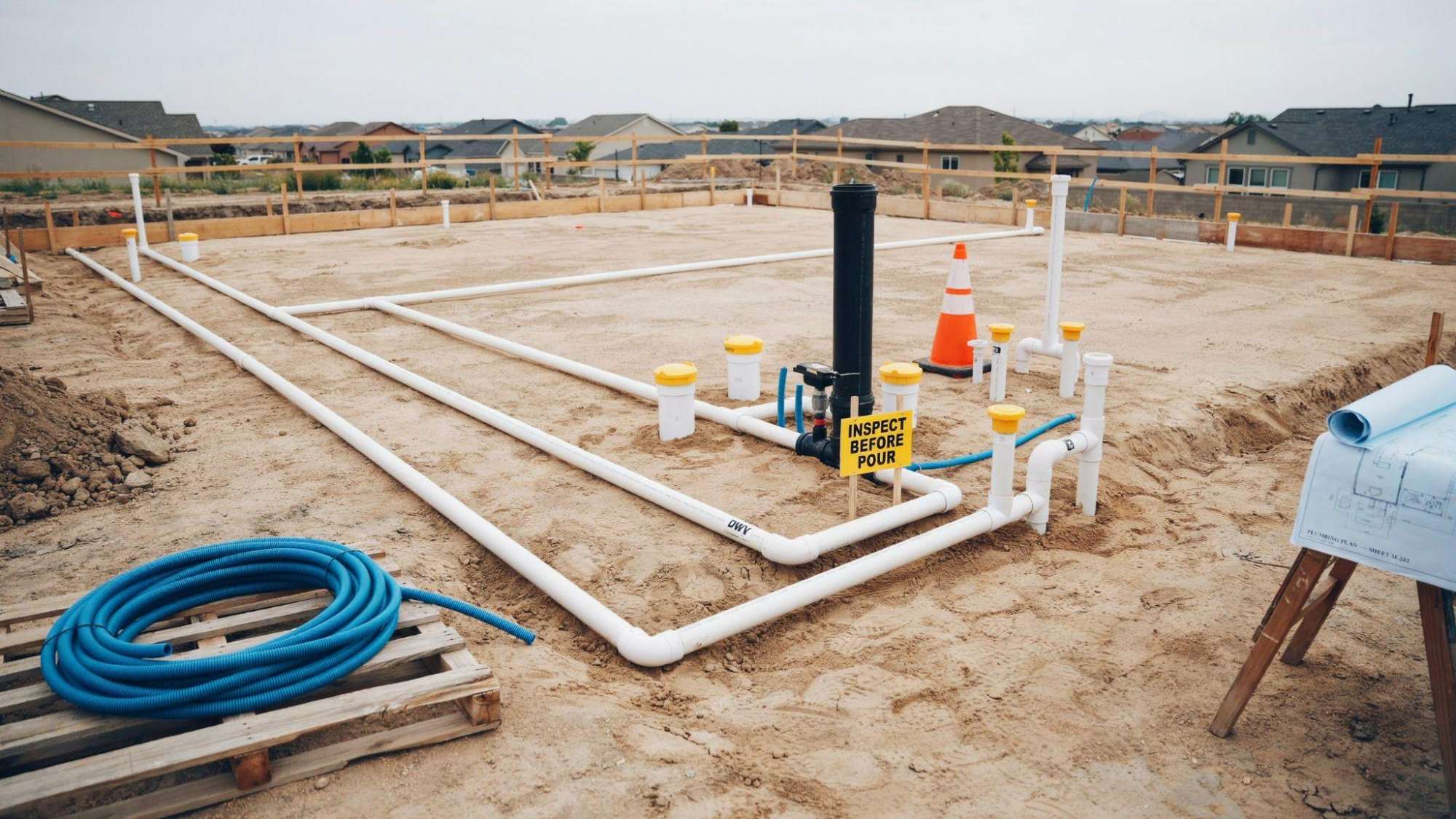 Underground plumbing rough-in with white PVC pipes, inspection sign, blue conduit, blueprint on construction site