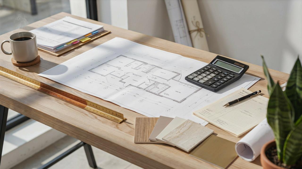 Home-building budget planning with house blueprints, calculator, and construction cost documents.