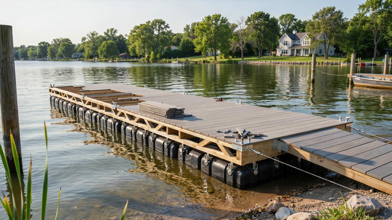 Partially assembled floating dock showing its frame, flotation units, decking, and access ramp.