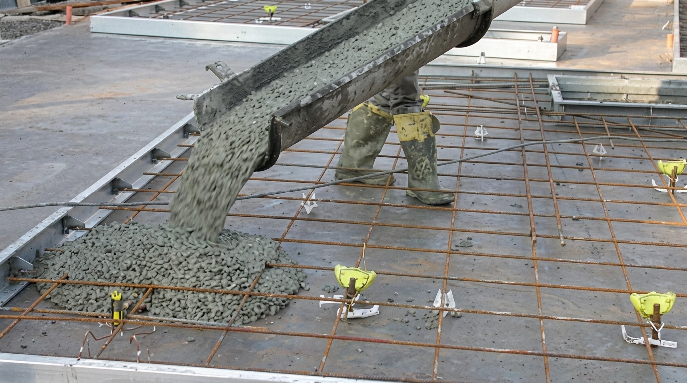 Fresh concrete pouring from a chute onto a rebar grid as a worker in rubber boots guides the flow.