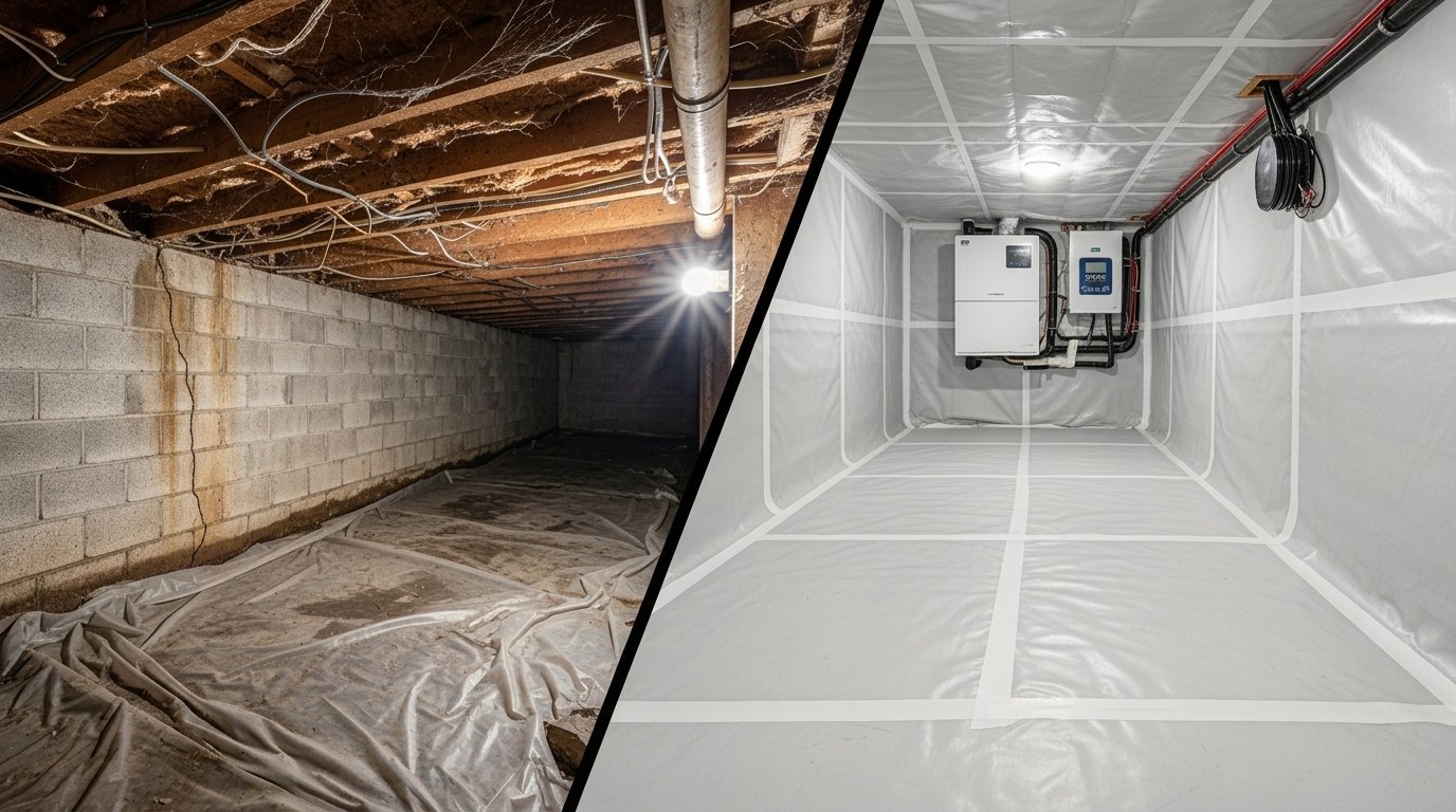 A side by side comparison of a dark unfinished crawl space on the left and a clean fully encapsulated crawl space on the right.