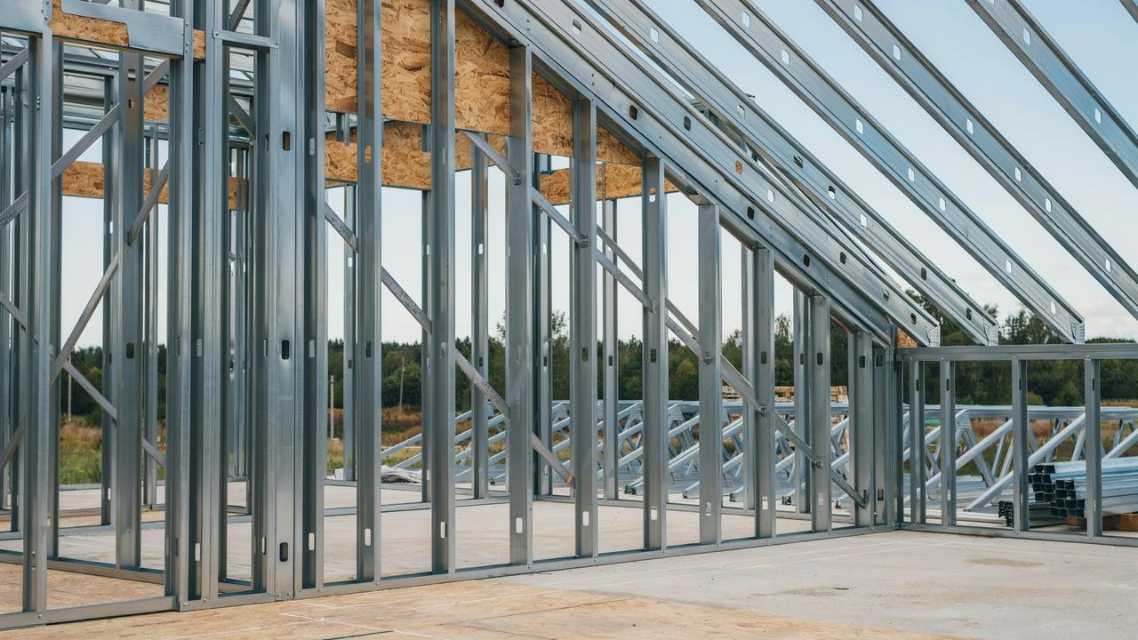 Light gauge steel framing components including studs, tracks, joists, rafters, bracing, and connectors.