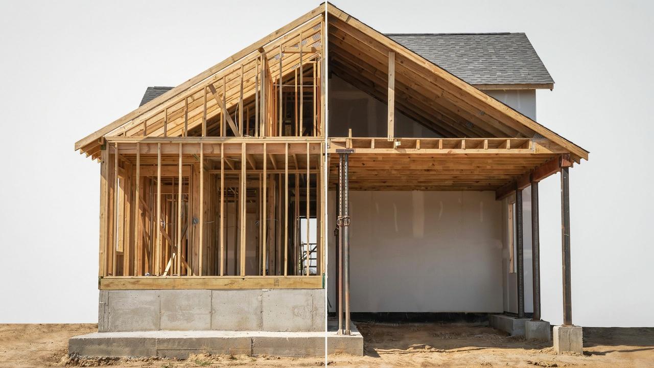 Load-bearing wall supporting floors and roof with structural framing and foundation beneath.