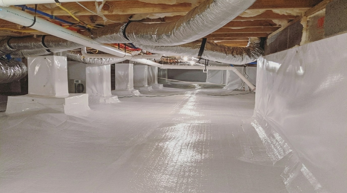 A fully encapsulated crawl space with white liner covering the floor and walls, silver ductwork, and plumbing pipes running overhead.