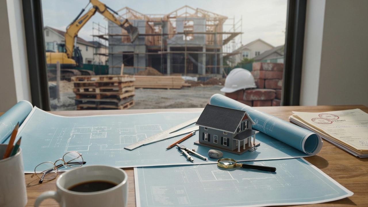 Finalized house blueprints and permit documents prepared for residential construction.