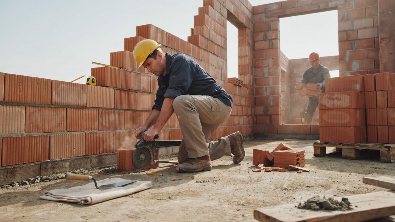 Mason measuring and cutting bricks to fit wall ends, corners, and openings precisely.