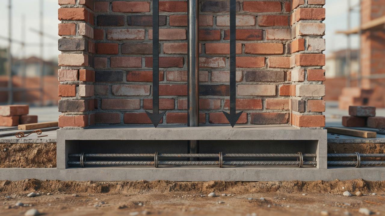 Continuous strip footing supporting a load-bearing wall along a residential foundation.