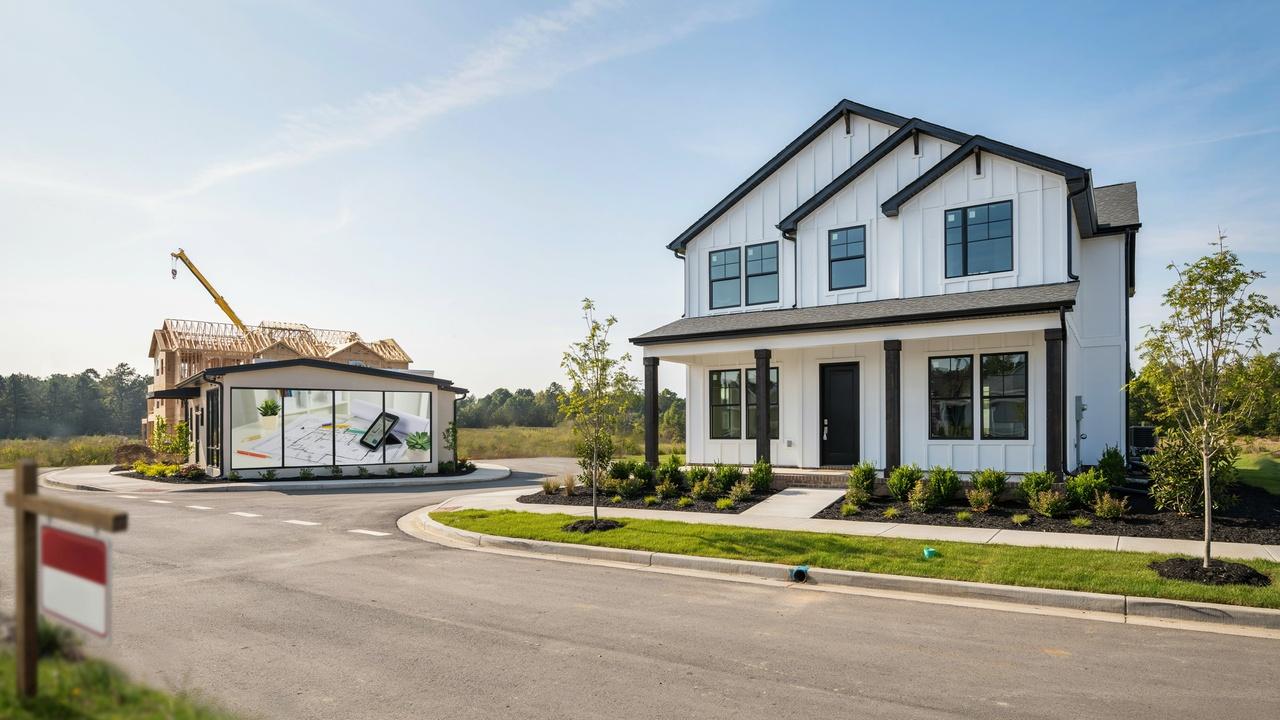 New construction home purchase process shown with a model home, plans, and closing elements.