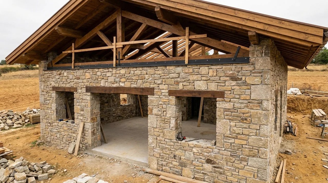Partially completed stone house with window openings, structural lintels, concrete floor, and timber roof frame.