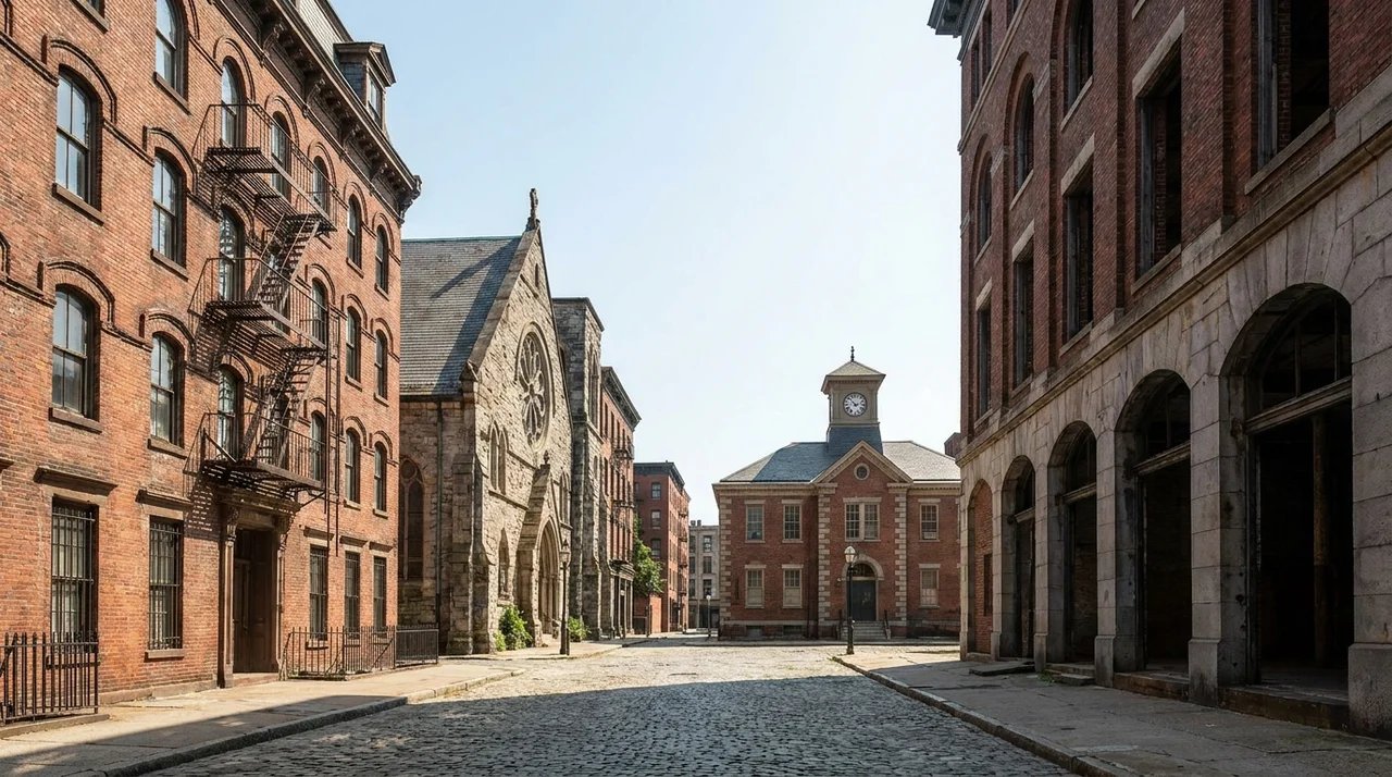 Historic urban buildings featuring masonry exterior walls and traditional joisted construction methods.