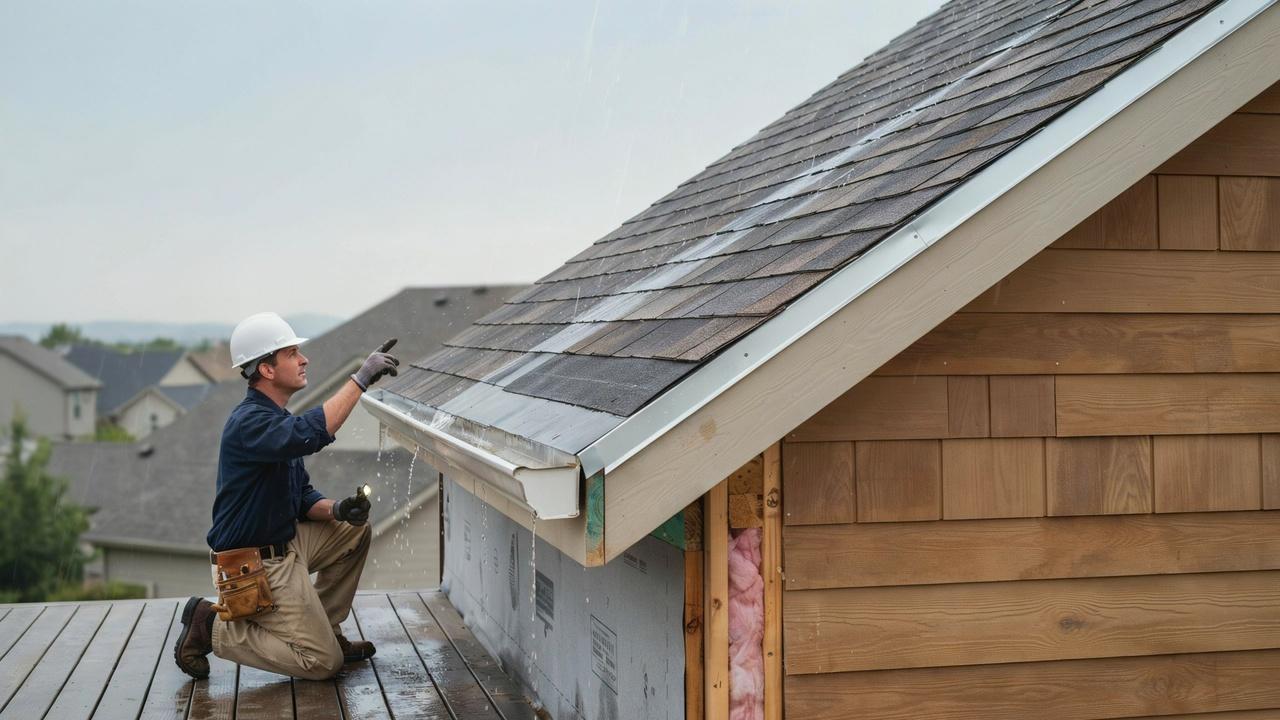 Layered flashing and waterproofing protecting a deck roof connection to the house.