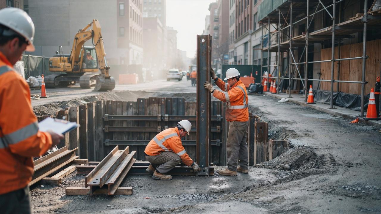 Construction workers installing shoring supports to stabilize an excavation beside a building.