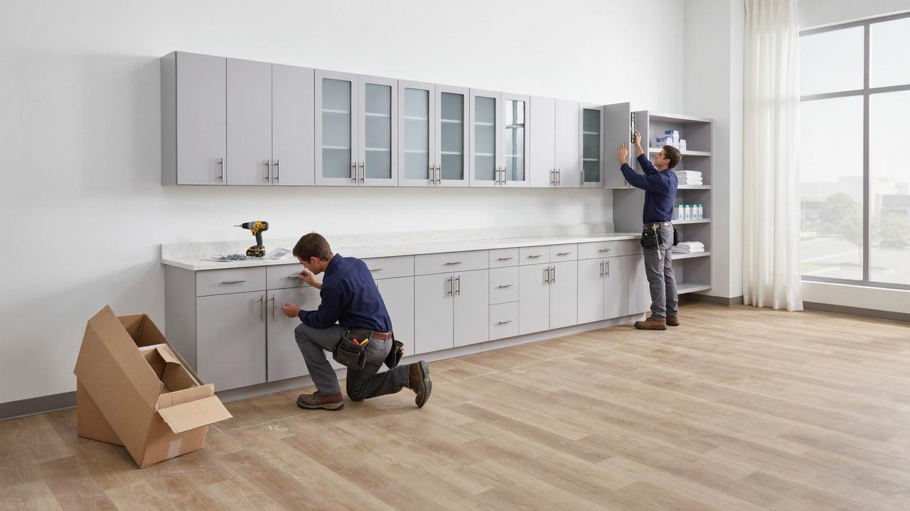 Standardized modular casework provides efficient storage across repeated commercial layouts