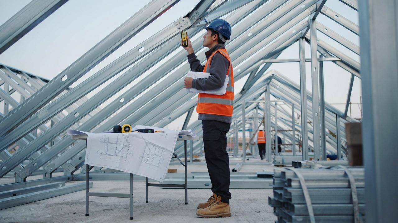 Engineer measuring purlin size and spacing for a roof.