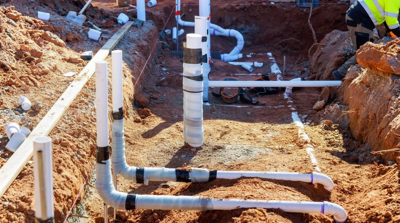 A network of white PVC plumbing pipes laid out in a red clay trench on a construction site, with a worker in a yellow vest visible in the background.