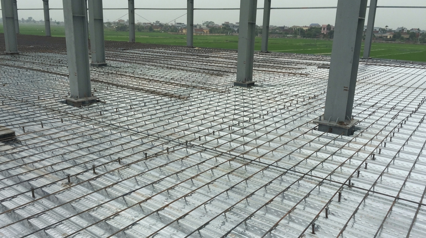 A large steel frame building under construction with rebar and metal decking laid across the floor, overlooking green fields and a town in the distance.