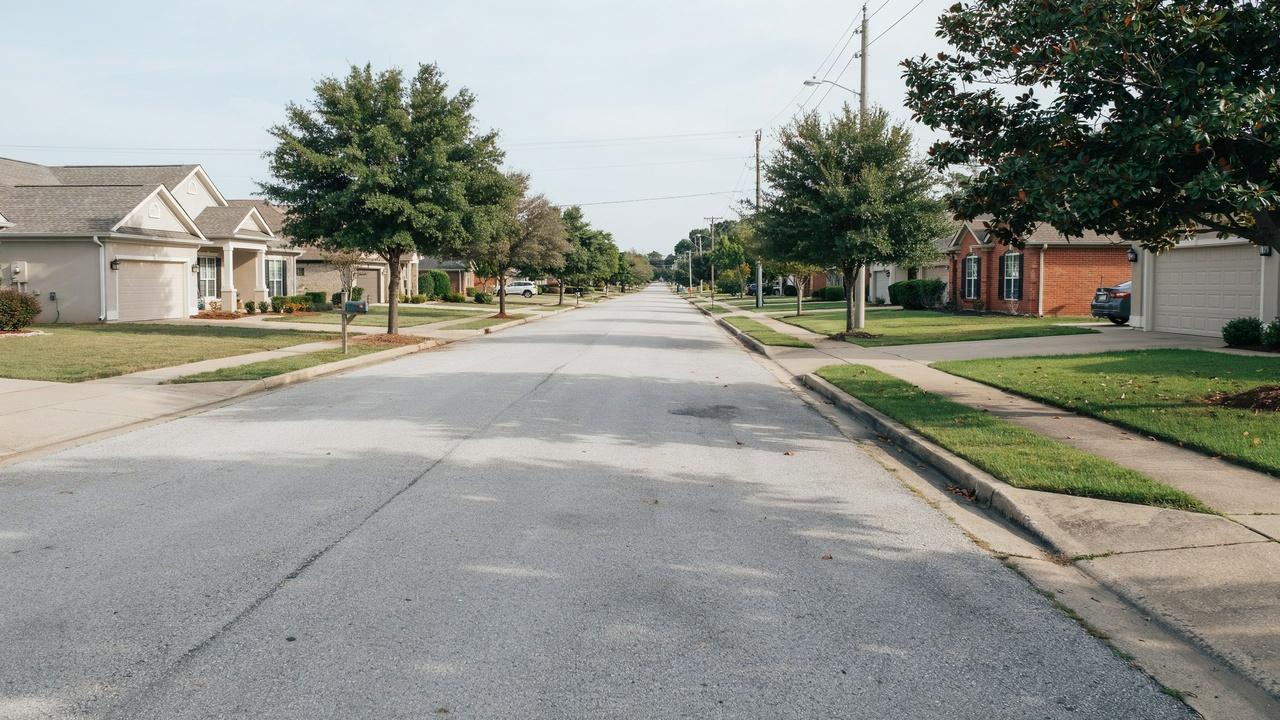 Empty straight residential street lined with houses, manicured lawns, garages and mature shade trees.