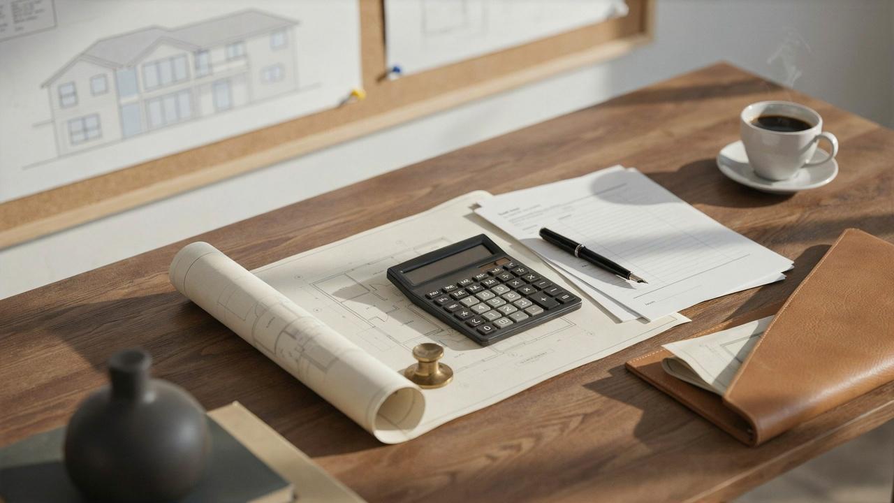 Home construction financing documents and house plans arranged for reviewing a building loan.