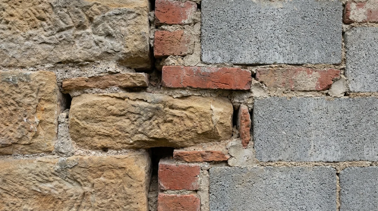 Close-up masonry wall showing brick, concrete blocks, stone, and mortar joints.