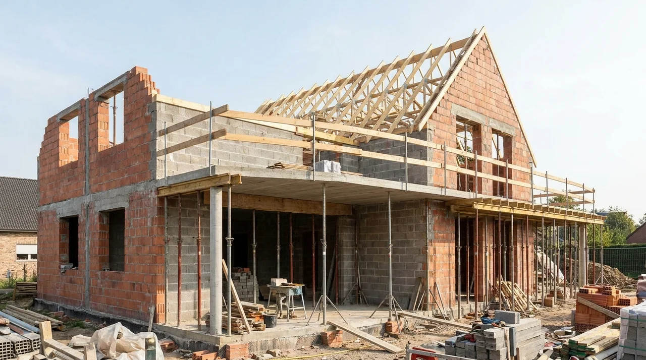 Load-bearing masonry walls supporting floors and roof of a low-rise building.
