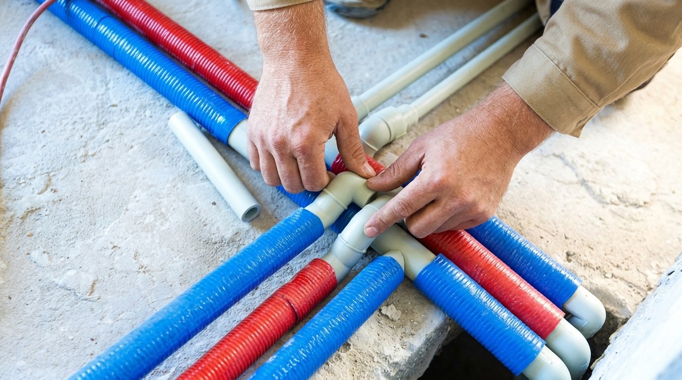 A plumber's hands connecting red and blue insulated PEX water supply pipes to a central fitting on a concrete surface.
