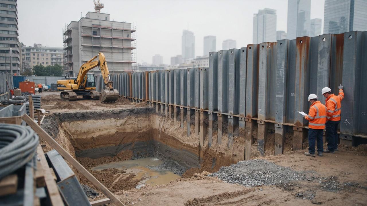 Interlocking steel sheet piles retain soil around a deep construction excavation