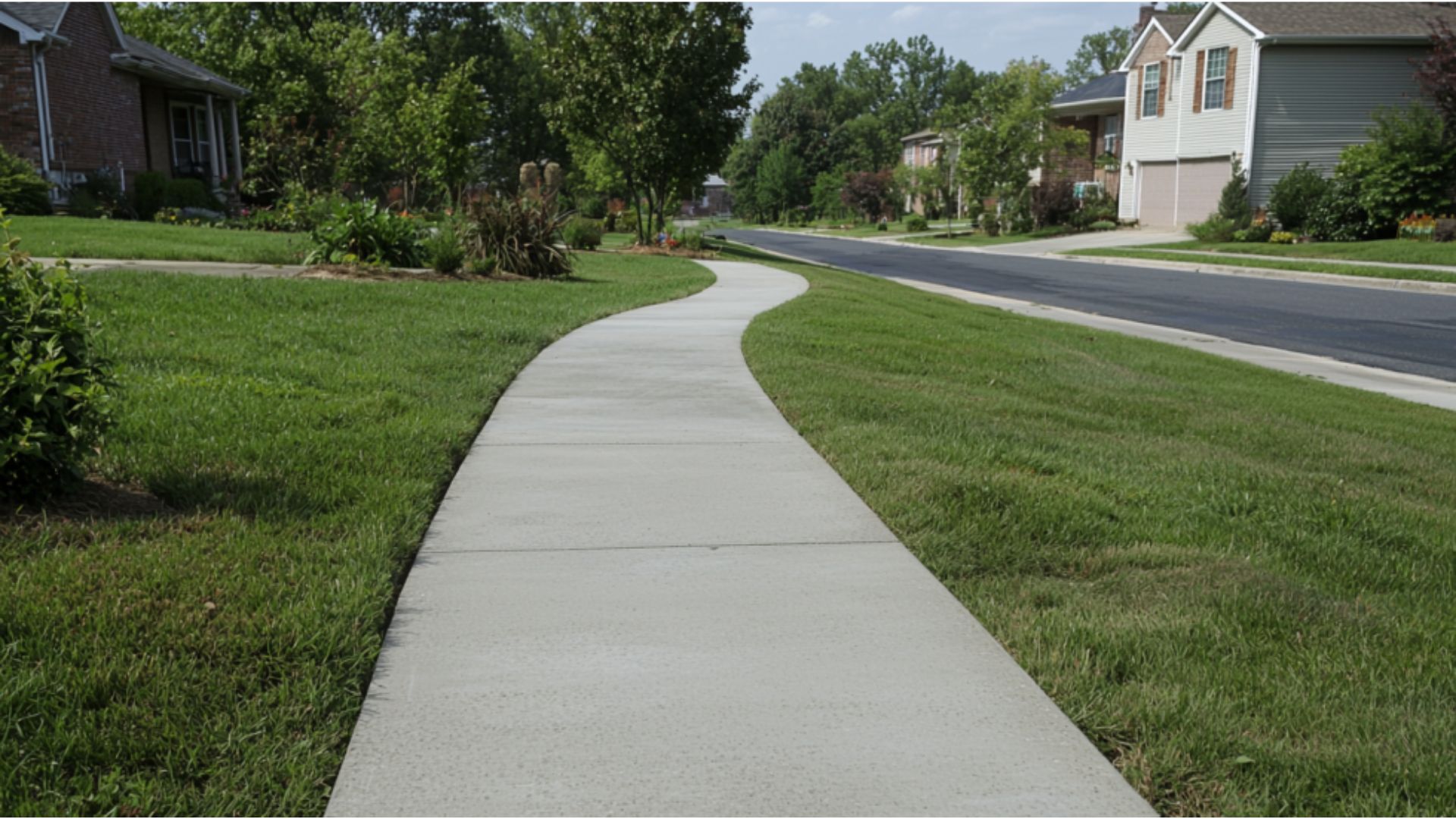 Winding concrete sidewalk curving through green suburban lawns with houses and trees on a sunny day.