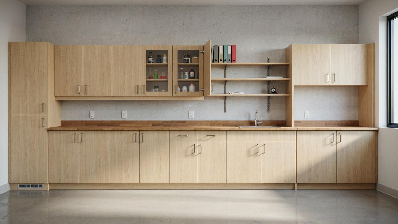 Different casework cabinets provide modular storage and workspace in commercial interiors