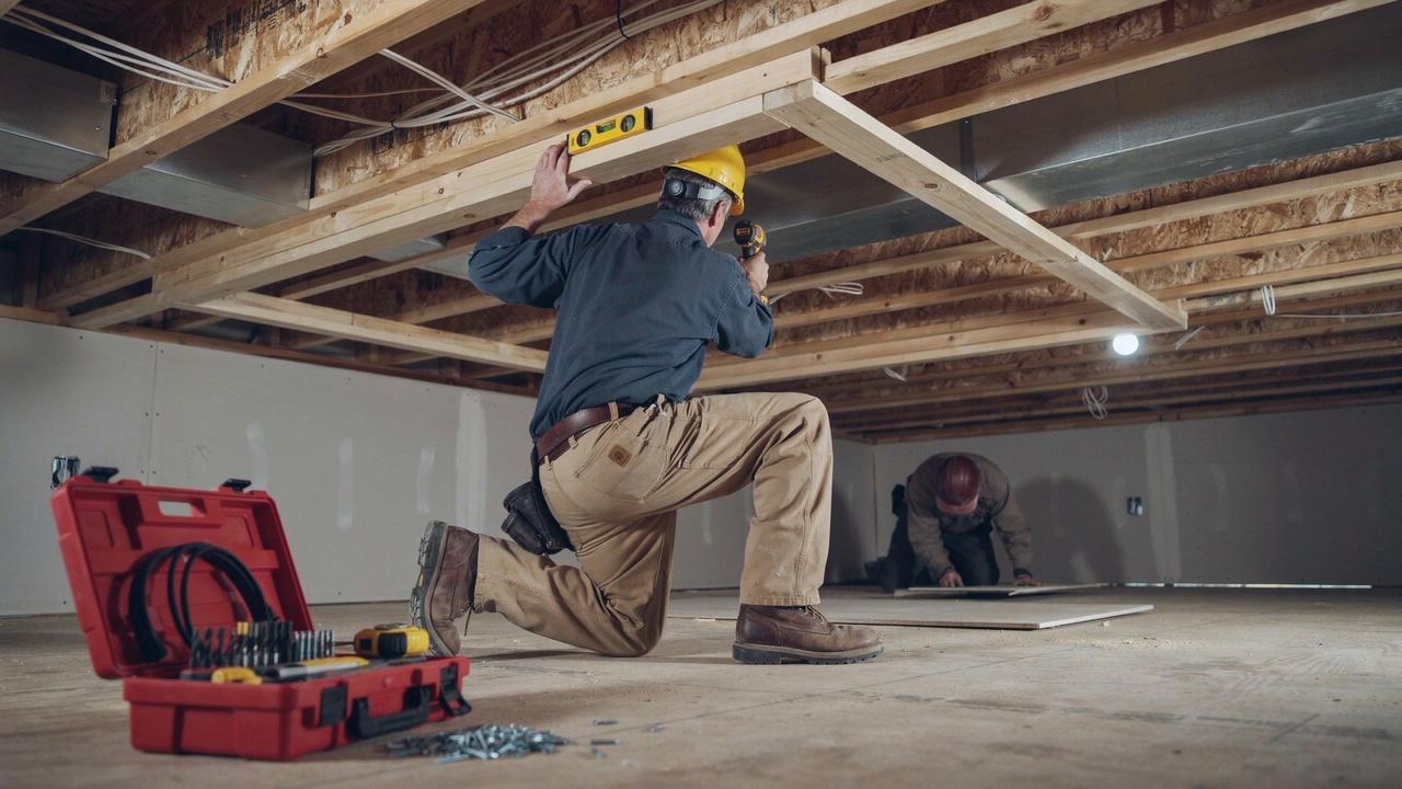 Wood framing installation for a ceiling bulkhead.