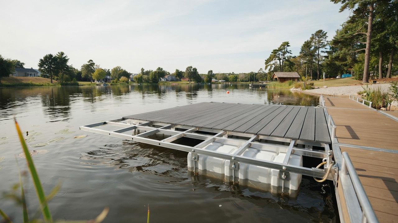 Floating dock showing decking, structural framing, flotation blocks, fasteners, and connection hardware.