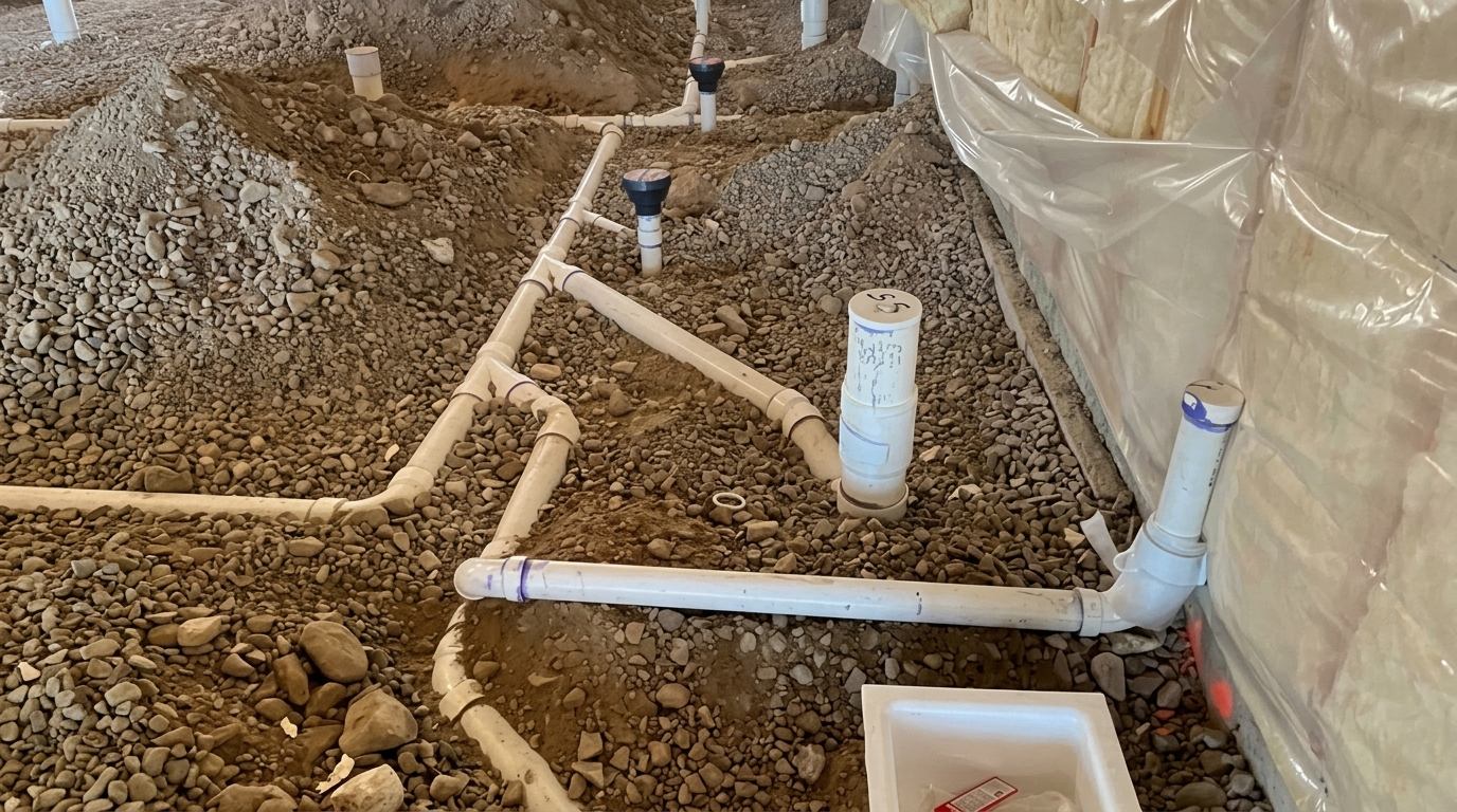 Under-slab PVC drain pipes and fittings laid out over a gravel bed inside a foundation, with foam insulation on the wall and a shower base sitting in the corner.