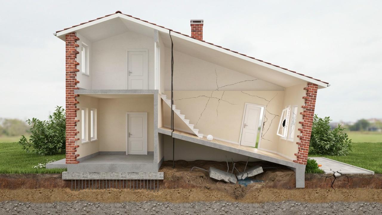 Building showing foundation cracks, uneven floors, settlement, and structural damage from improper footings.