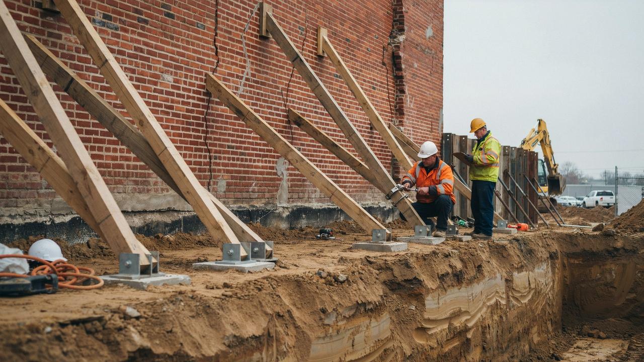 Angled raking braces temporarily support an unstable masonry wall