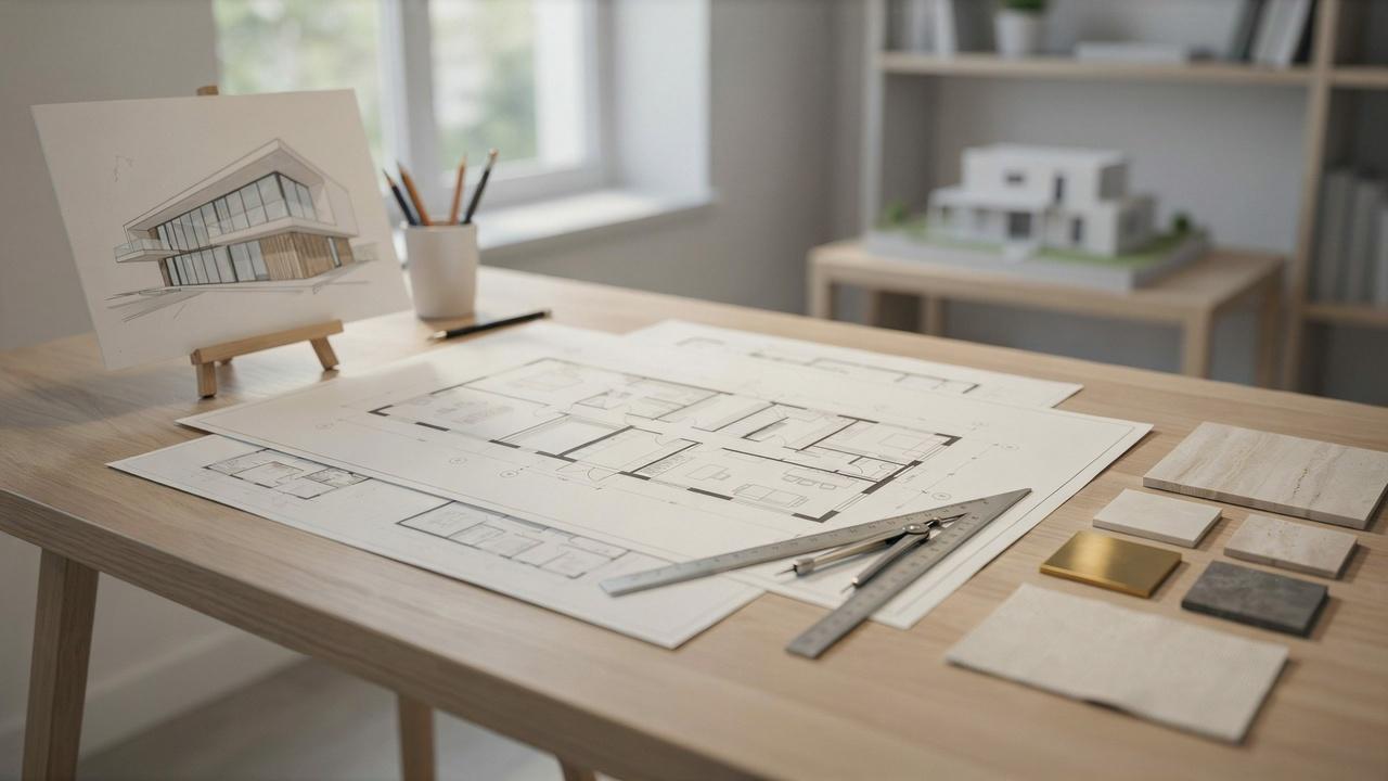 Home floor plans and architectural drawings being reviewed for a new house design.