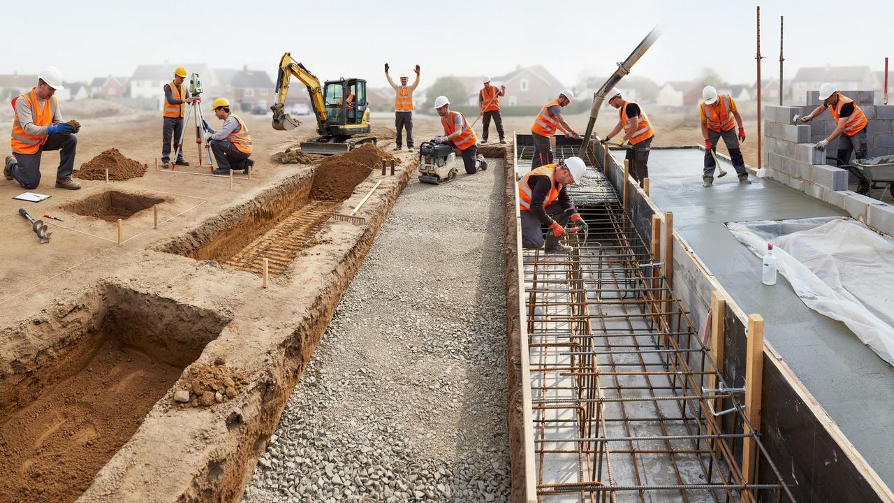Step-by-step construction of a reinforced concrete footing from site preparation to foundation walls.