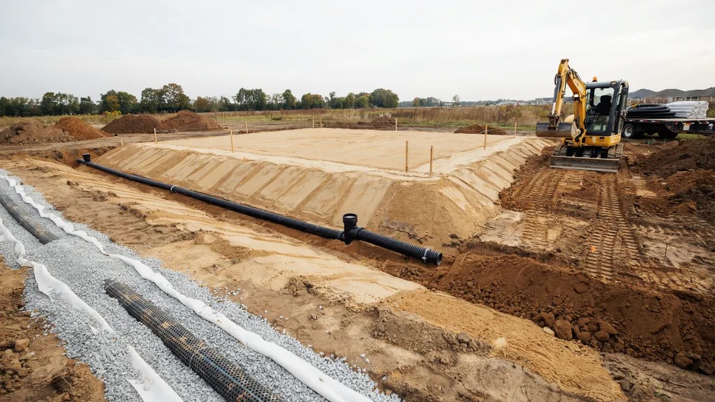 Plate compactor and density gauge on prepared subgrade with roller compacting background.
