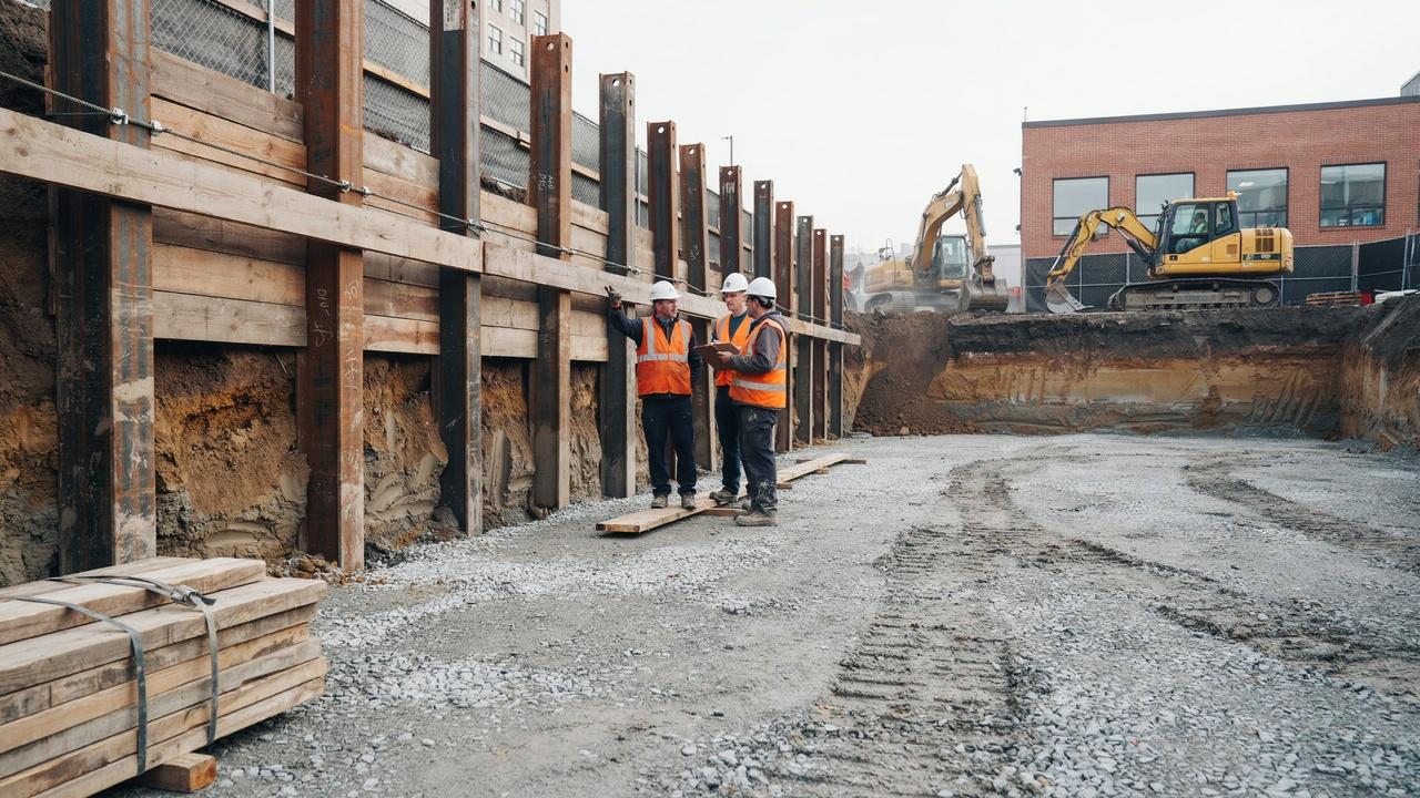 Soldier piles and timber lagging retain soil along deep excavation walls