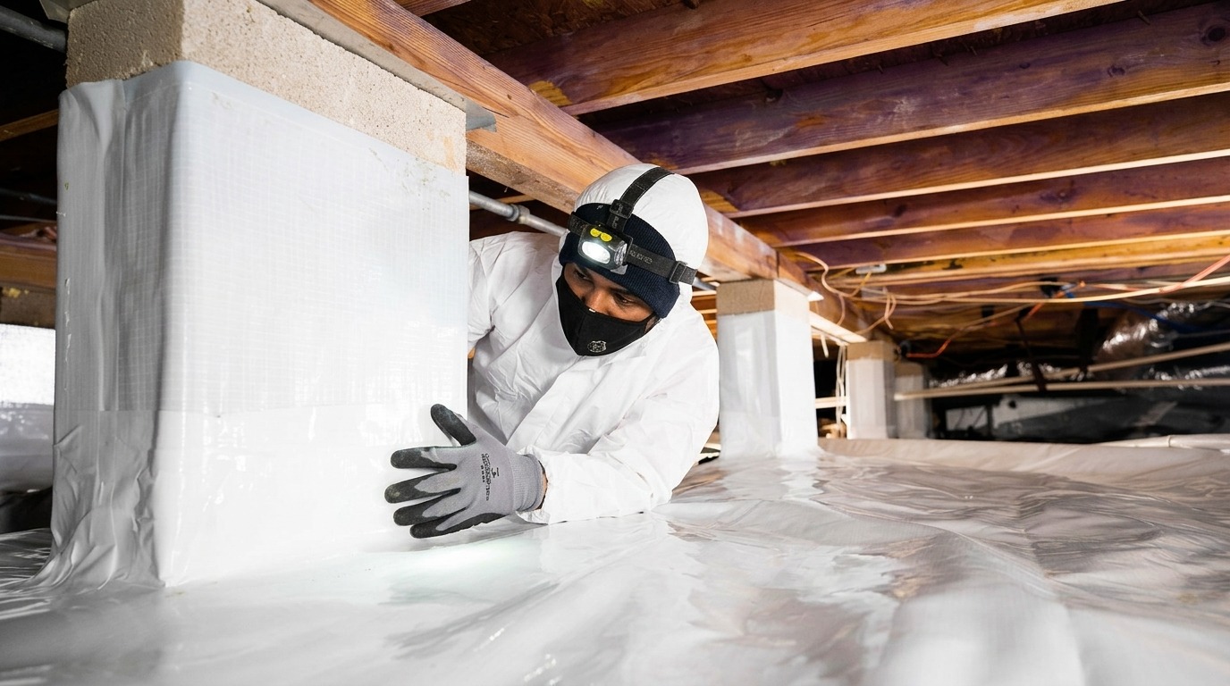 A worker in a white protective suit and headlamp crawling through a crawl space while installing rigid foam insulation on a pier.