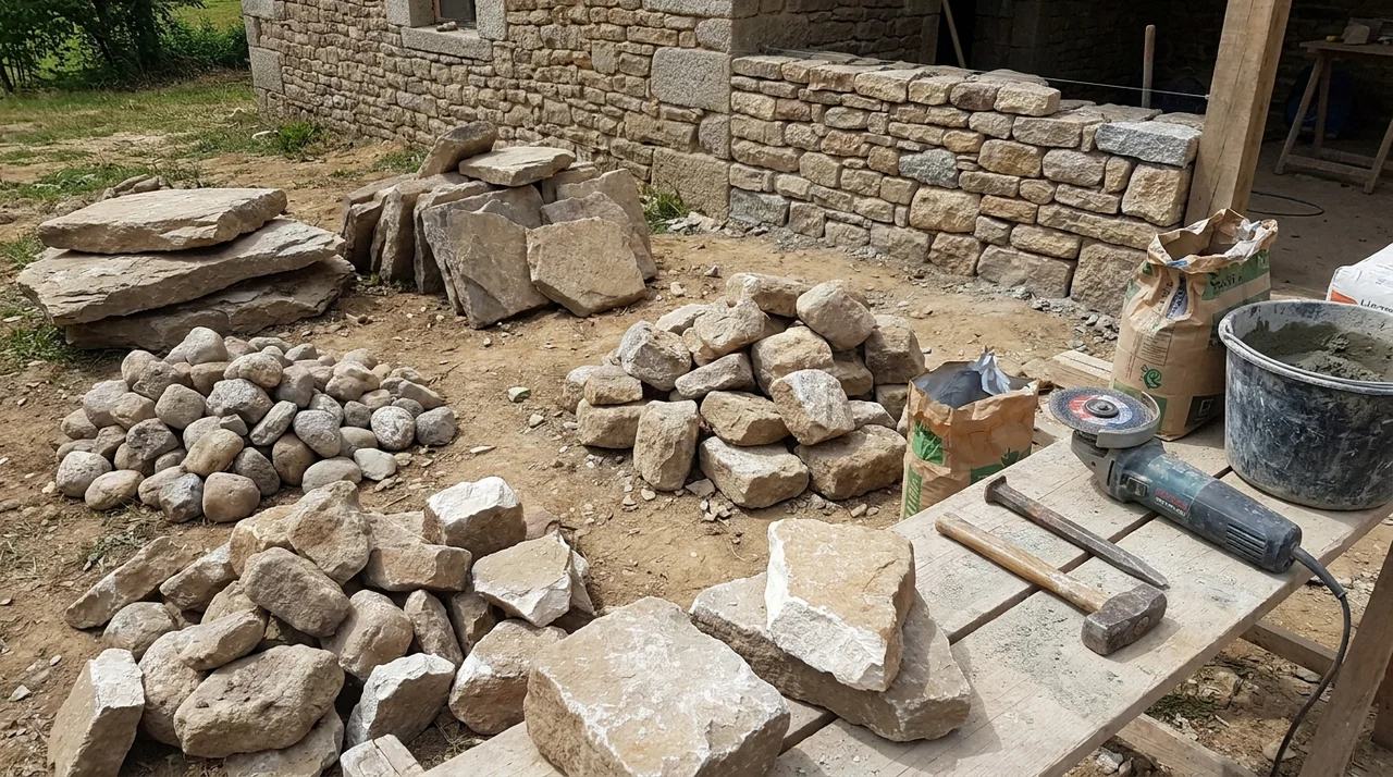Natural building stones sorted by size with masonry tools prepared for stone house construction.