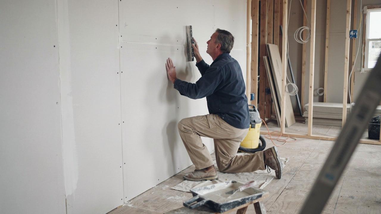 Drywall finishing process for an interior bulkhead.