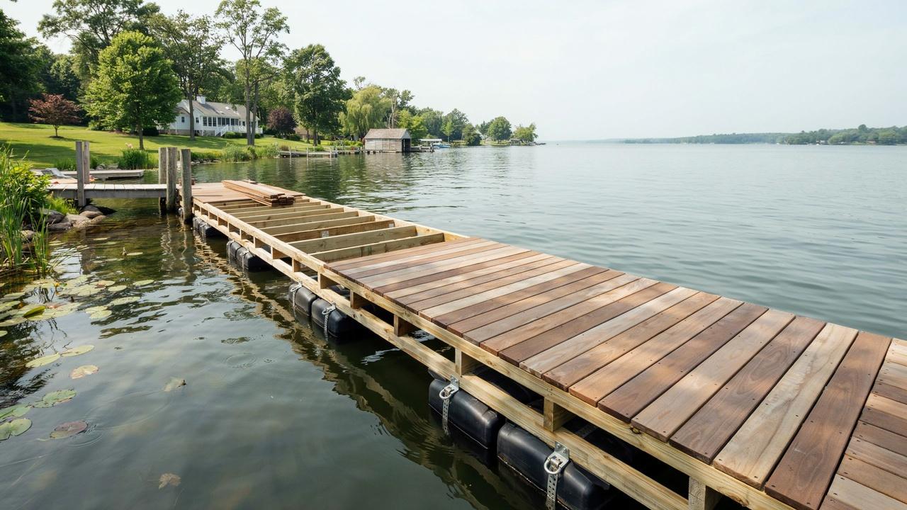 Floating dock secured with anchor lines and underwater anchor points for stability.