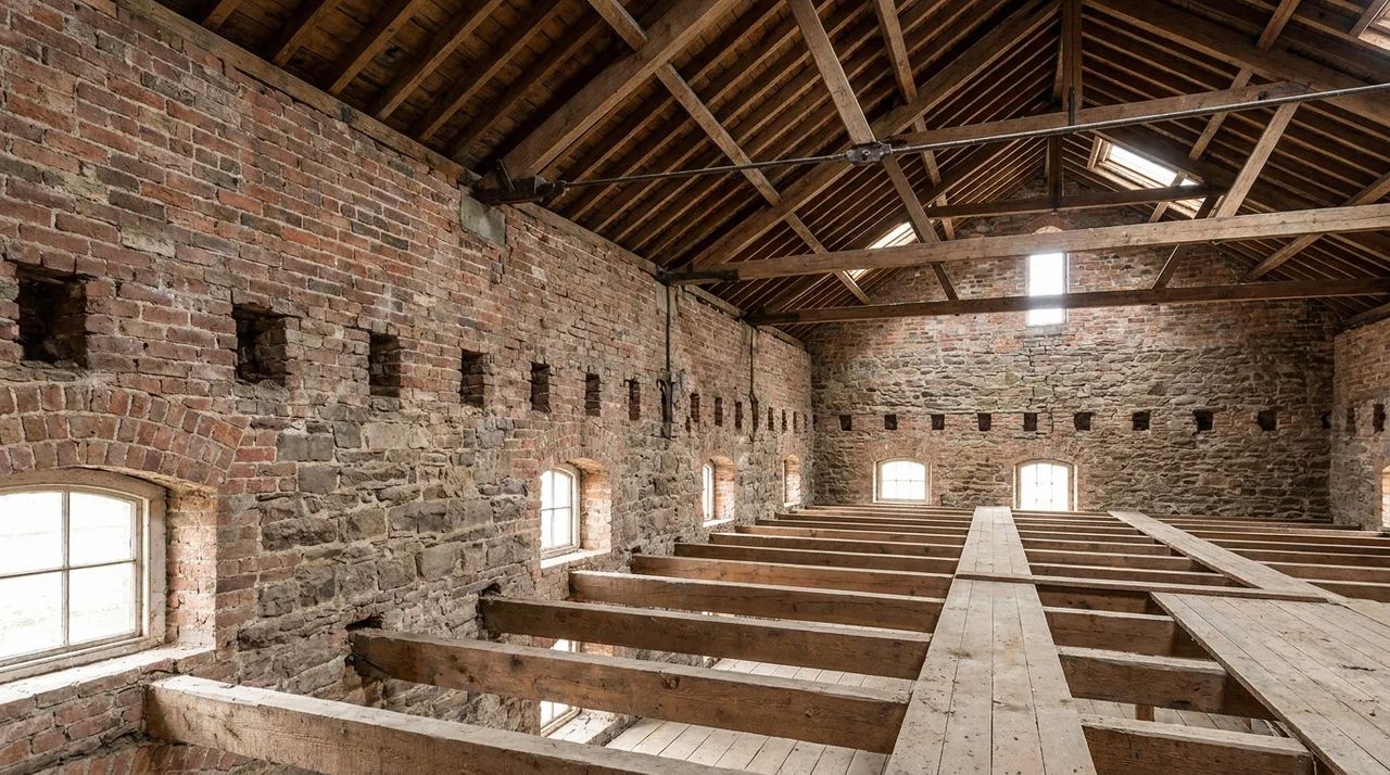 Joisted masonry structure showing masonry walls, interior joists, floor framing, and roof construction.