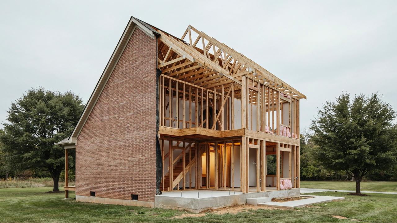 Frame construction uses wood structural framing behind various exterior finishes such as brick veneer