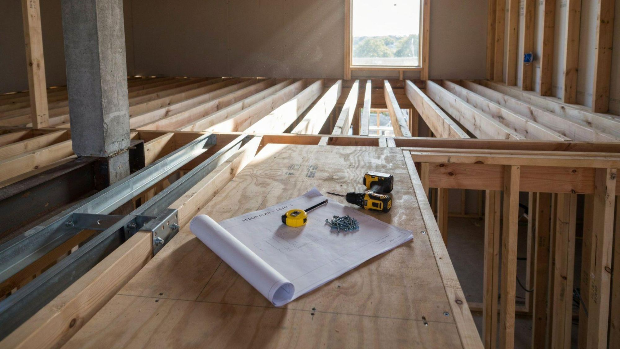Wood floor joist framing under construction with floor plan blueprint, tape measure, drill and screws on plywood