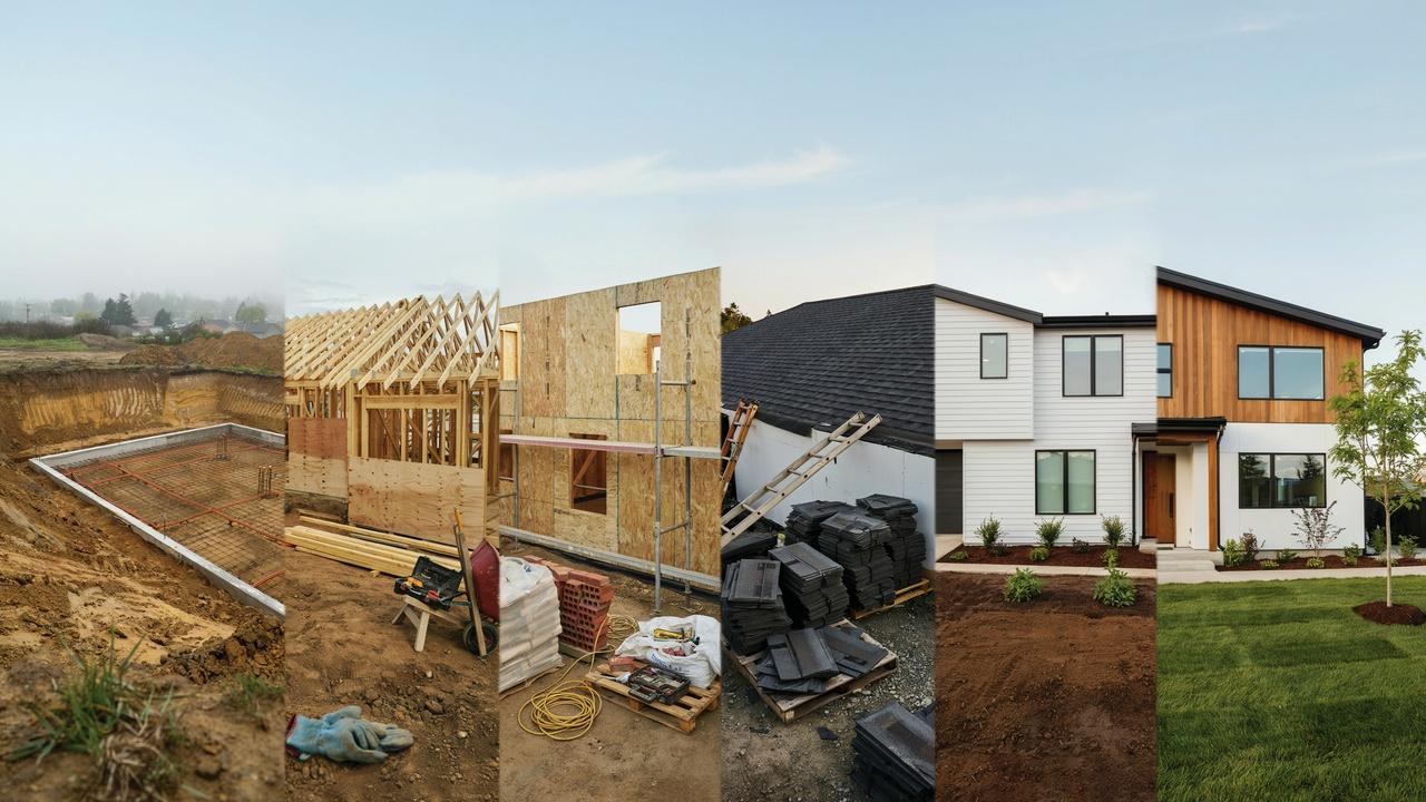 Residential home shown progressing through major construction stages from foundation to completion.