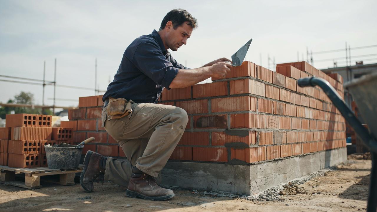 Brick wall foundation showing an excavated trench, concrete footing, reinforcement, and first brick course.