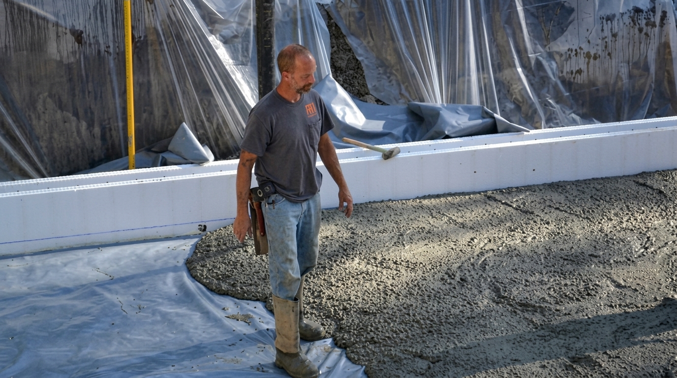 A construction worker in rubber boots standing on a plastic vapor barrier while fresh concrete is being poured around him inside a foundation form.