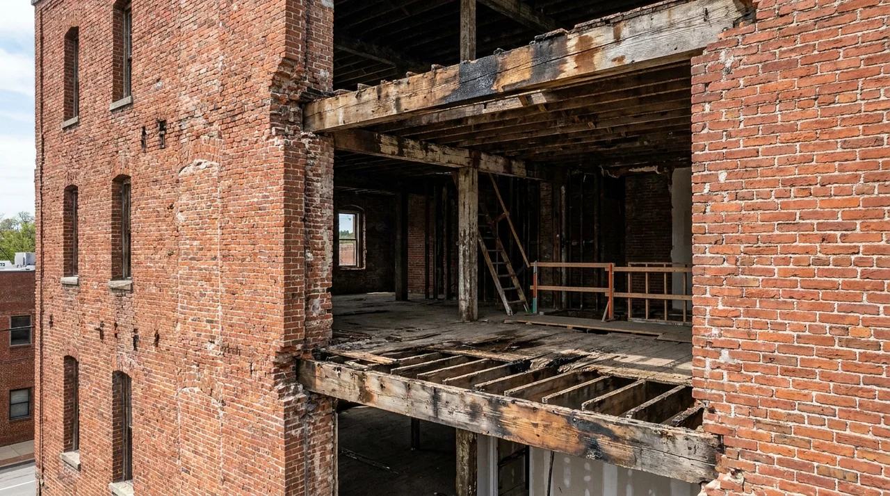 Joisted masonry building illustrating durable masonry walls and vulnerable interior wood joists.