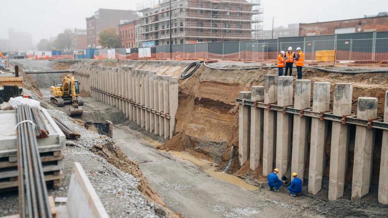 Closely spaced piles create retaining walls for deep construction excavations