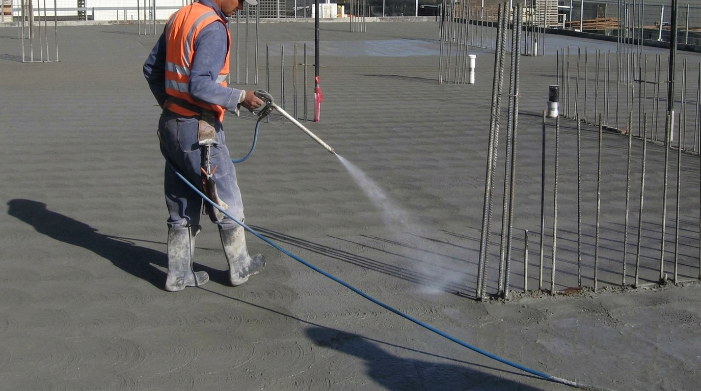 A worker in an orange safety vest and rubber boots spraying a curing compound over a freshly poured concrete slab with rebar sticking up in the background.